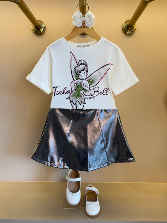 Conjunto Infantil Blusa Tiker Bell Off White e Saia Foil Prata - Animê Petite