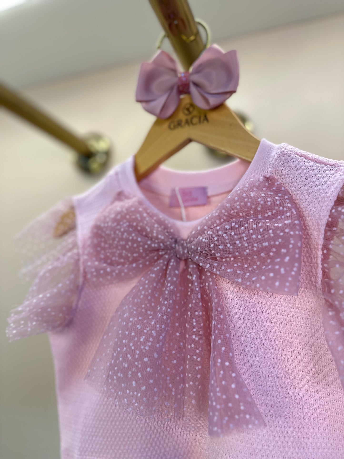 Blusa Infantil Laço Tule Rosa - Luluzinha