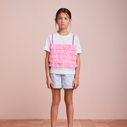 Conjunto Infantil Blusa Babados Tule Rosa e Shorts Jeans Strass Rosa - Animê