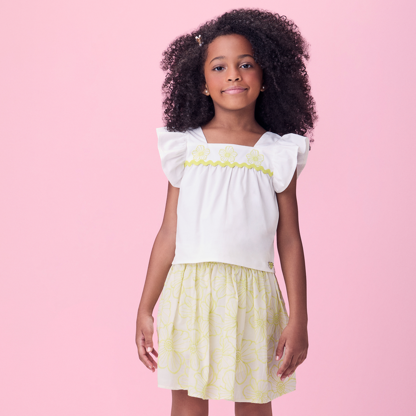 Conjunto Infantil Blusa e Saia-shorts Laise Flores Neon Lima - Momi