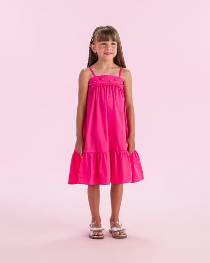 Vestido Infantil Algodão Pink Aplicação Pérolas e Strass - Petit Cherie