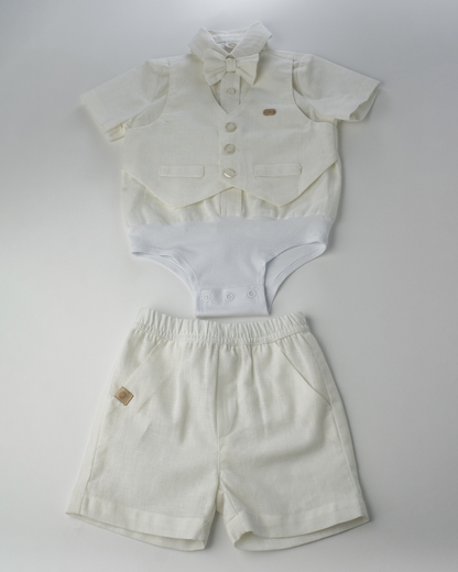 Conjunto Bebê Batizado Camisa-body e Bermuda Linho Misto Off White - Um Mais Um