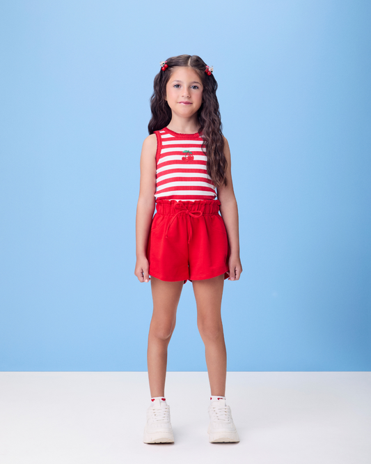 Conjunto Infantil Regata Patch Cerejinha e Shorts Vermelho - Momi