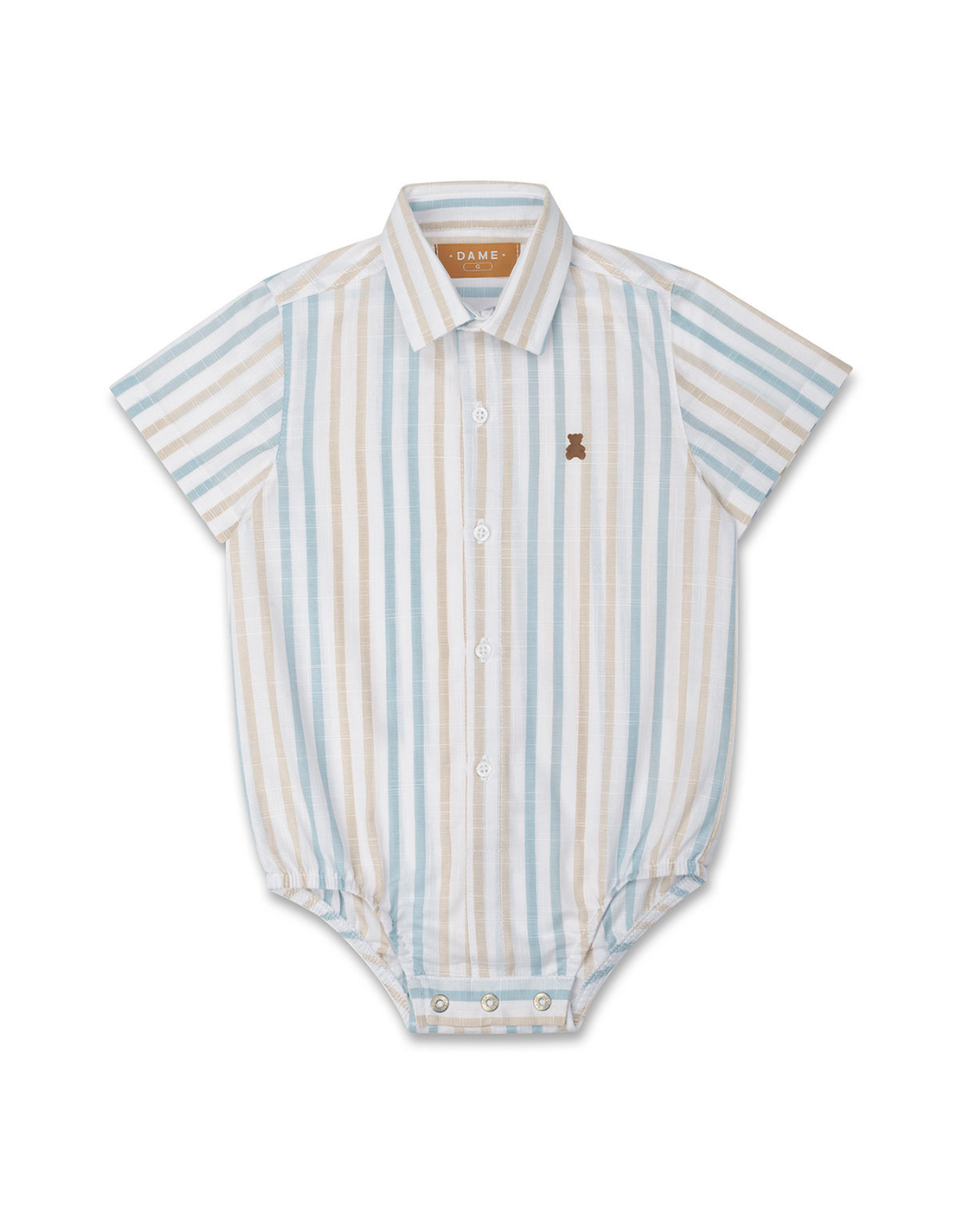 Conjunto Bebê Camisa-body Algodão Listras Azul/Amarelo e Bermuda Social Bege - Dame