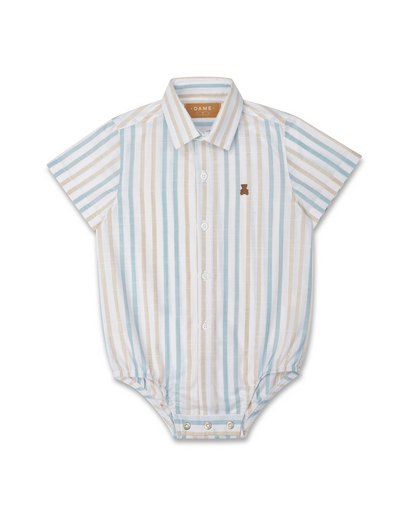 Conjunto Bebê Camisa-body Algodão Listras Azul/Amarelo e Bermuda Social Bege - Dame