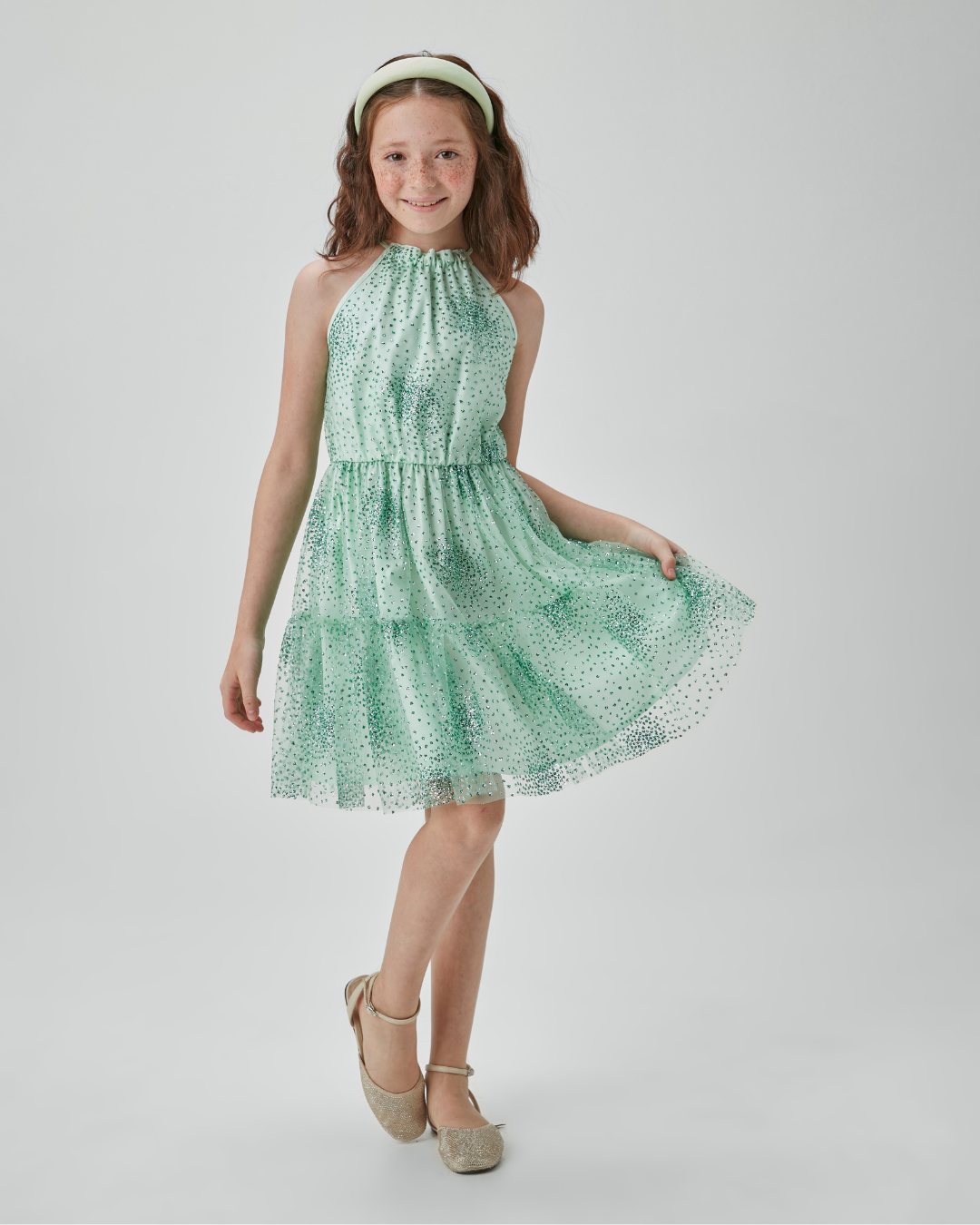 Vestido Infantil Rodado Tule Florzinhas e Glitter - Um Mais Um