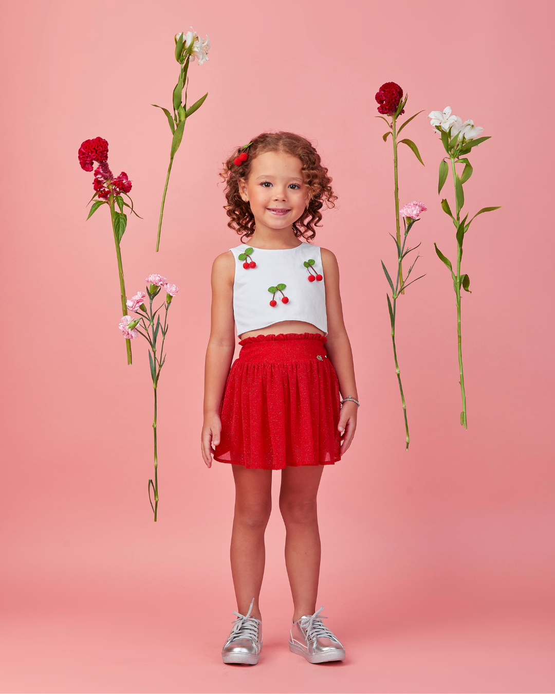 Conjunto Infantil Blusa Cerejinha e Saia Tule Brilho Vermelha