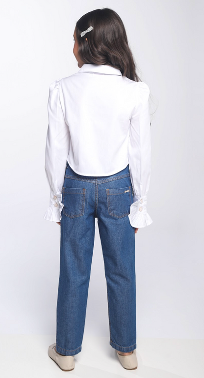Conjunto Infantil Camisa Branca Algodão e Calça Jeans Bordada Flores Brancas - Luluzinha