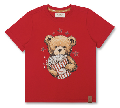 Conjunto Infantil Camiseta Algodão Teddy Pipoca Vermelha e Bermuda Suedine Elastano Bolsos - Dame