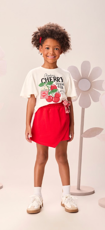 Conjunto Infantil Blusa Cherry e Shorts Saia Laço Lateral - Momi