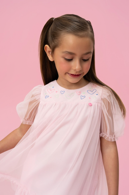 Vestido Infantil Trapézio Busto Bordado Corações Rosa - Mon Sucré