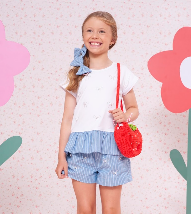 Conjunto Infantil Blusa Branca Lacinho Cristais Short  Azul Listrado com Lacinhos Cristais - Pituchinhus
