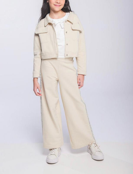 Calça Infantil Wide Leg Lateral Glitter Bege - Luluzinha