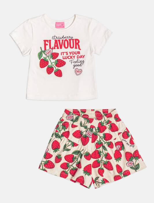 Conjunto Infantil Blusa Off-White Short Estampado Morango - Momi