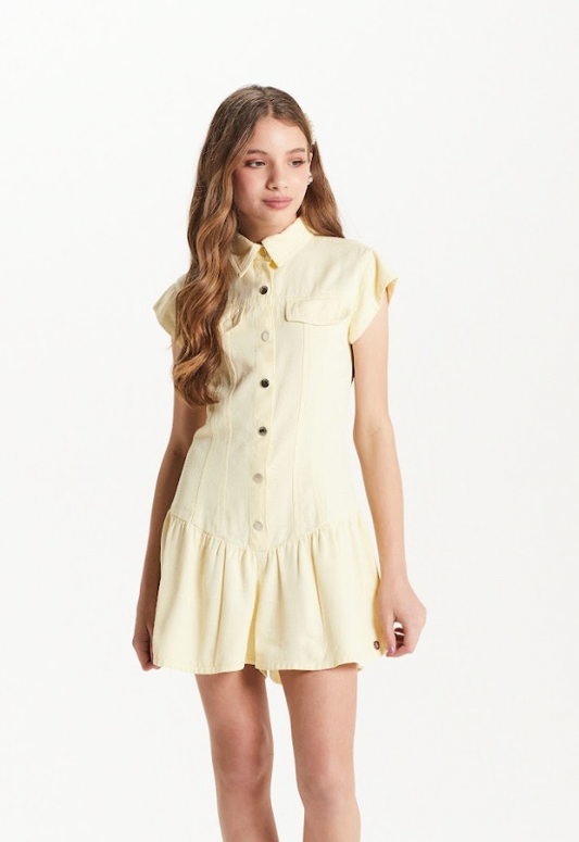 Macaquinho Teen Sarja Liocel Suave Babado Amarelo Claro - Two In