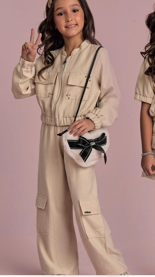 Conjunto Infantil Calça Cargo E Bomber Alfaiataria Bege - Gabriela Aquarela