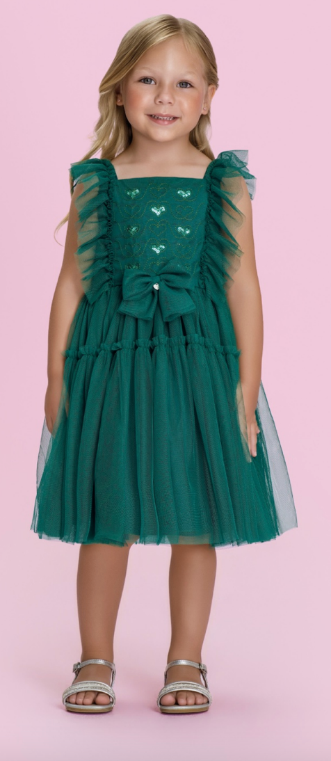 Vestido Infantil Verde Esmeralda Bordado Com Babados Em Tule - Petit Cherie