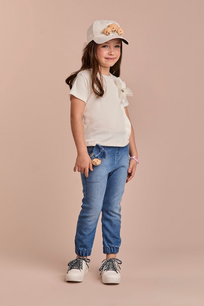 Conjunto Infantil Camiseta Off White Lacinho Tule e Calça Jogger Jeans Ursinho - Gabriela Aquarela
