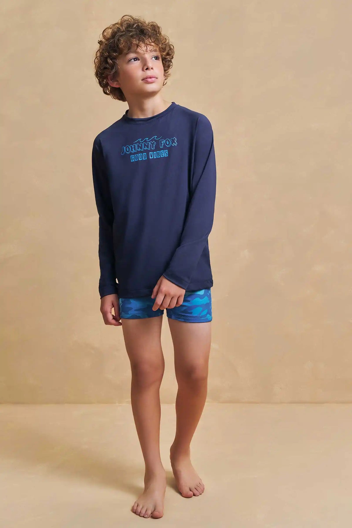 Conjunto Infantil Blusa Manga Longa Good Vibes Marinho e Sunga Estampada - Little Johnny