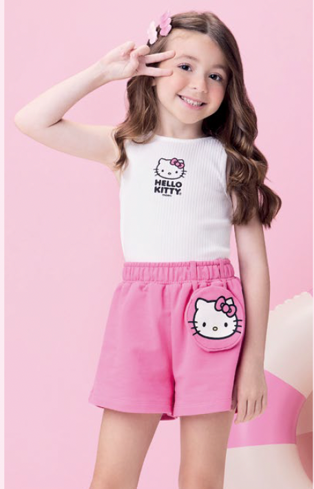 Conjunto Infantil Regata Hello Kitty e Shorts Rosa Cherry - Momi PRÉ-VENDA