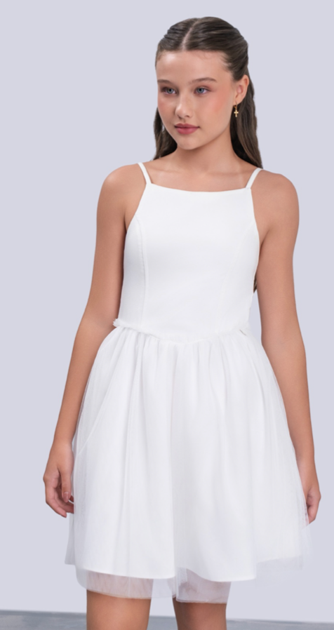 Vestido Teen Off White Com Alças Finas e Saia em Tule - Vanilla Cream