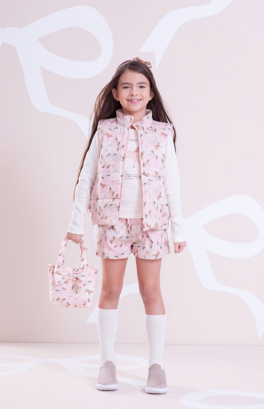 Conjunto Infantil Blusa Rib Moldura Cavalinho Cristal Off White e Shorts Cavalinhos Rosa - Pituchinhus
