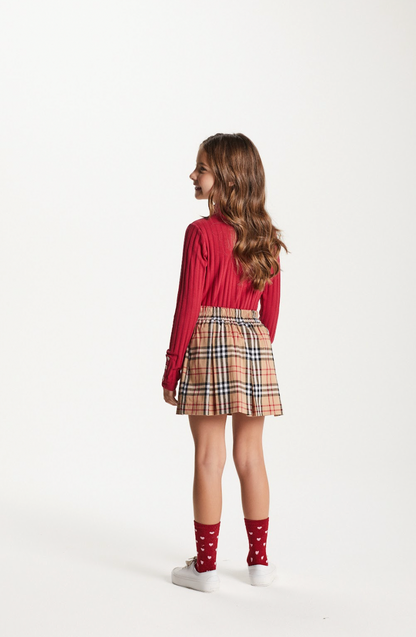 Conjunto Infantil Blusa ML Vermelha e Saia-shorts Alfaiataria Xadrez - Um Mais Um
