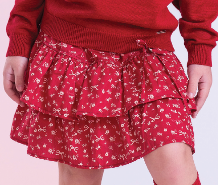 Saia-shorts Infantil Mini Flores Babados e Laços Bala de Cereja - Pituchinhus