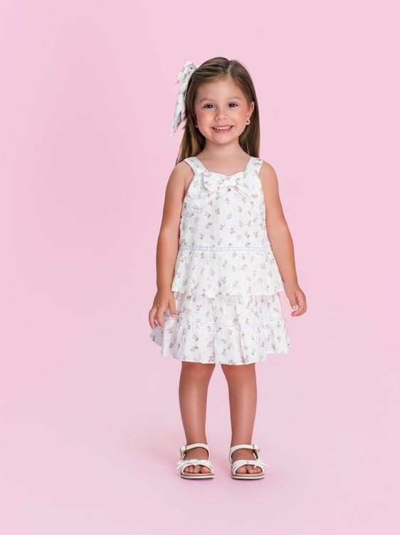 Vestido Infantil Off White Estampado  com Laço e Babados - Petit Cherie