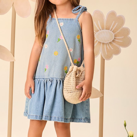 Vestido Infantil Jeans Bordado - Momi