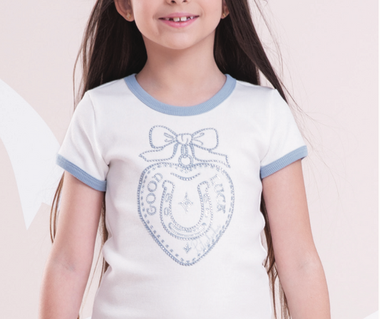 Conjunto Infantil Blusa Off White Good Luck Bordada e Legging Tricot Xadrez Azul - Pituchinhus