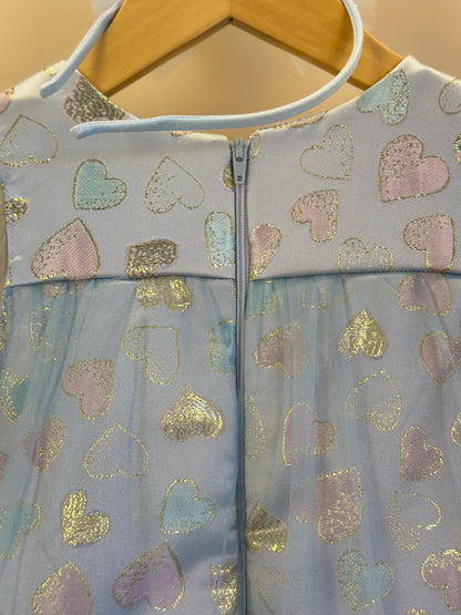 Vestido Infantil Trapézio ML Tule Jacquard Corações Azul - Petit Cherie