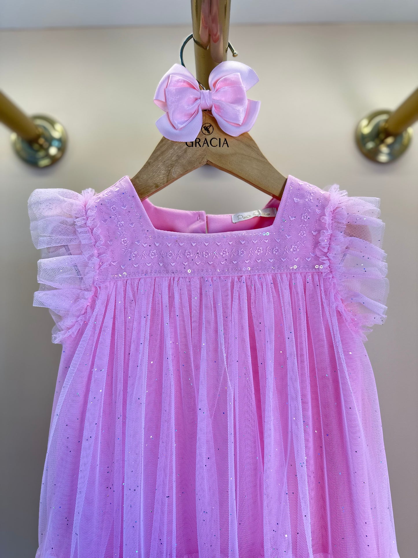 Vestido Infantil Trapézio Tule Glitter Bordado Rosa Baby - Petit Cherie