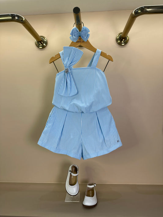 Conjunto Infantil Blusa e Shorts Laço Lateral Strass Azul - Petit Cherie