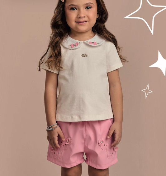 Conjunto Infantil Short Bordado Ursinhos E Blusa Gola Com Detalhes Off White - Gabriela Aquarela
