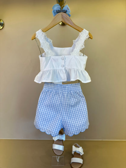 Conjunto Infantil Blusa Aplicações Flores e Shorts Xadrez Azul - Luluzinha