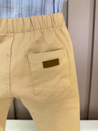 Conjunto Bebê Camisa-Body Algodão Xadrez ML Azul e Calça Sarja com Elastano Bege - Dame