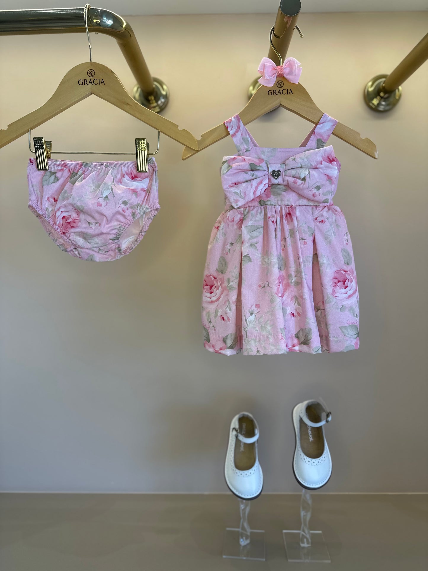 Vestido Bebê Algodão Laço Puffer com Calcinha Maxi Rosas - Pituchinhus