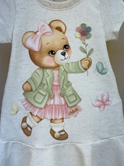 Vestido Infantil Molecotton Algodão Ursinha Flores Bege Claro - Infanti