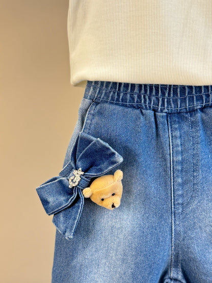 Conjunto Infantil Camiseta Off White Lacinho Tule e Calça Jogger Jeans Ursinho - Gabriela Aquarela