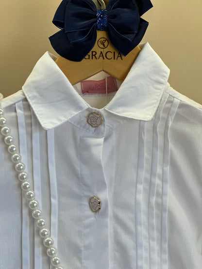 Conjunto Infantil Camisa Babadinhos Punho Pregas Branca e Saia  Jeans Pochete Laço Pérolas - Luluzinha