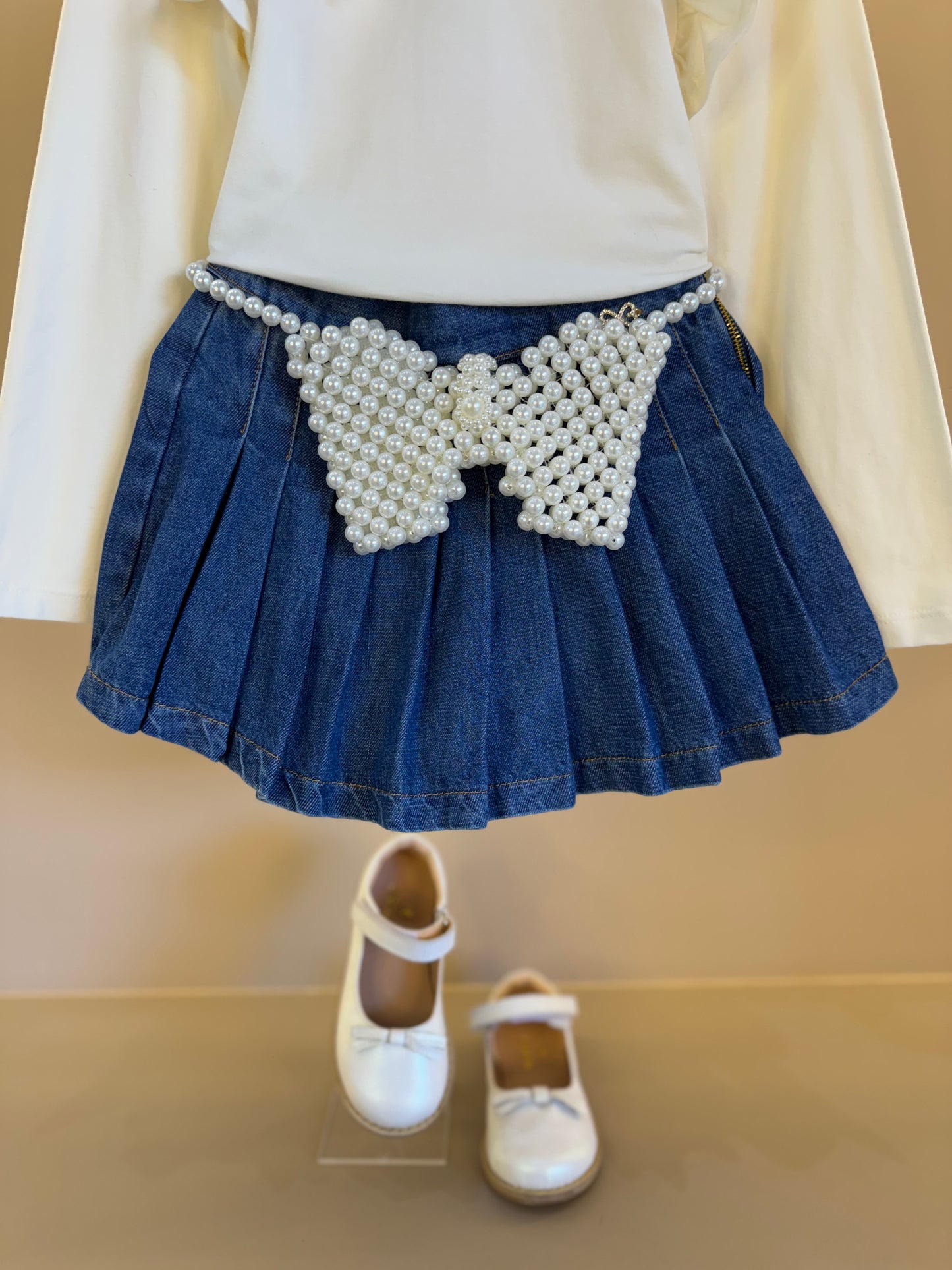 Conjunto Infantil Blusa ML Laço e Saia-shorts Jeans Pochete Laço Pérolas - Luluzinha