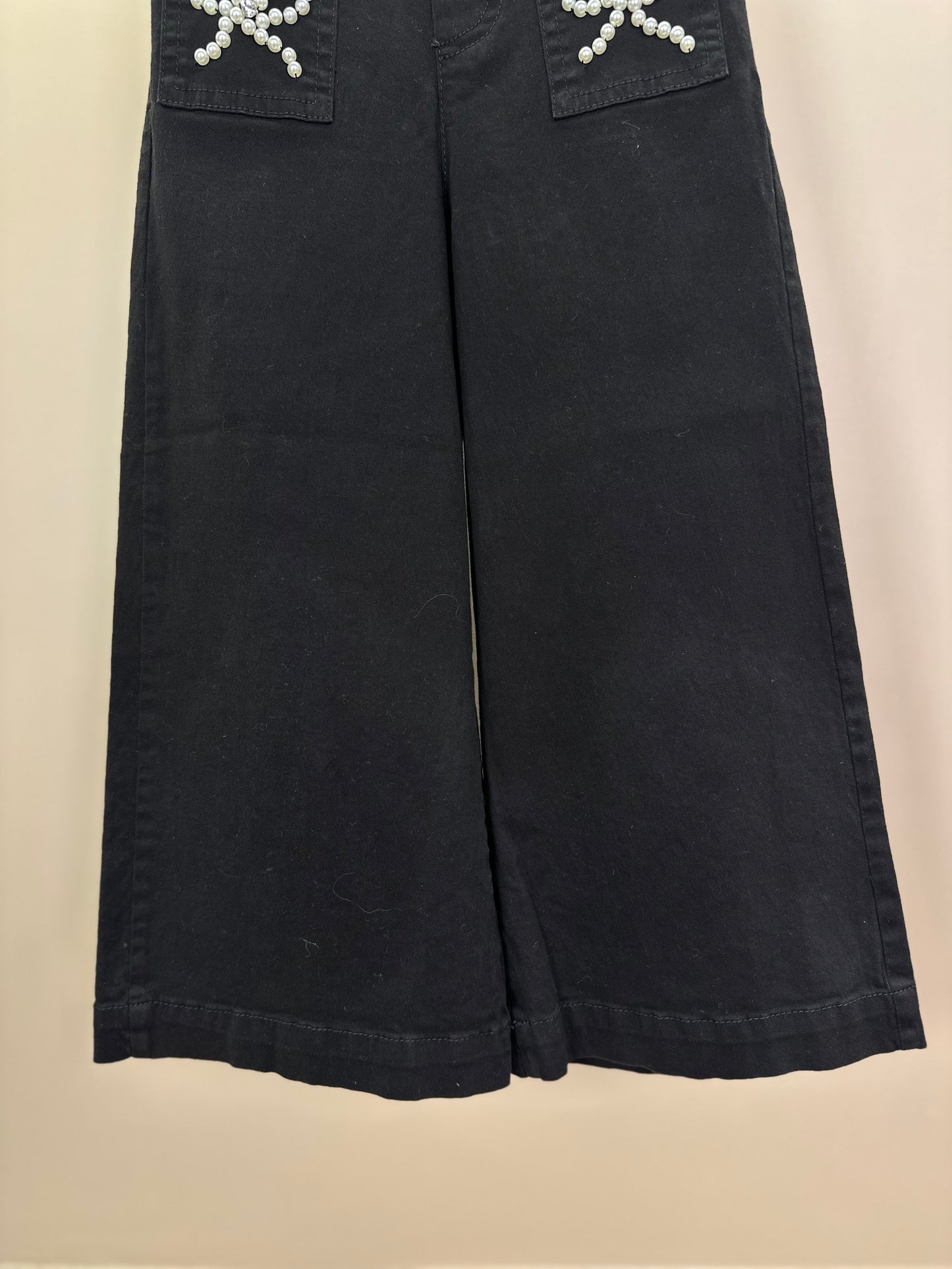Calça Infantil Sarja Reta Laços Bordados Bolsos Preta - Pituchinhus