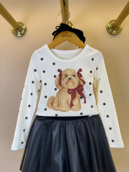 Conjunto Infantil Blusa ML Poás Cachorrinho Lacinhos Cristais e Saia Evasê Couro Tech Preta - Pituchinhus