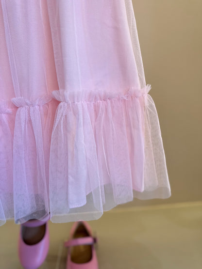 Vestido Infantil Trapézio Busto Bordado Corações Rosa - Mon Sucré