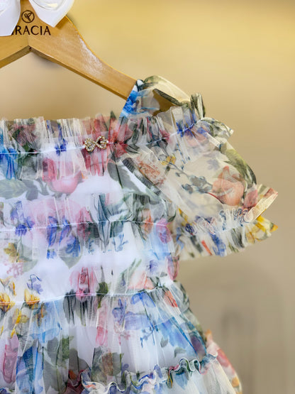 Vestido Infantil Midi Tule Floral com Babados - Luluzinha PRÉ-VENDA