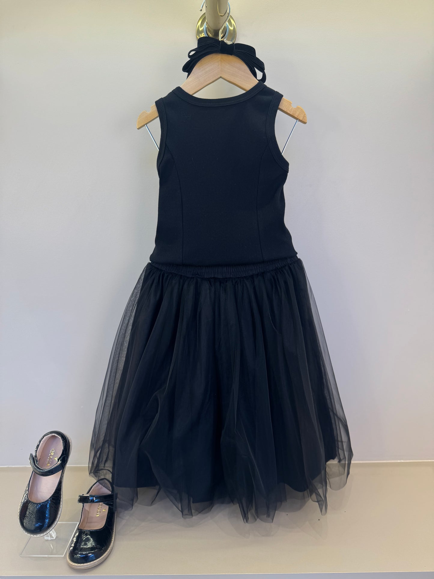 Conjunto Infantil Regata Lacinho Bordado e Saia-shorts Tule Lacinhos Veludo Preta - Pituchinhus