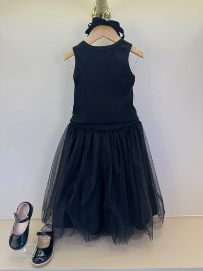 Conjunto Infantil Regata Lacinho Bordado e Saia-shorts Tule Lacinhos Veludo Preta - Pituchinhus