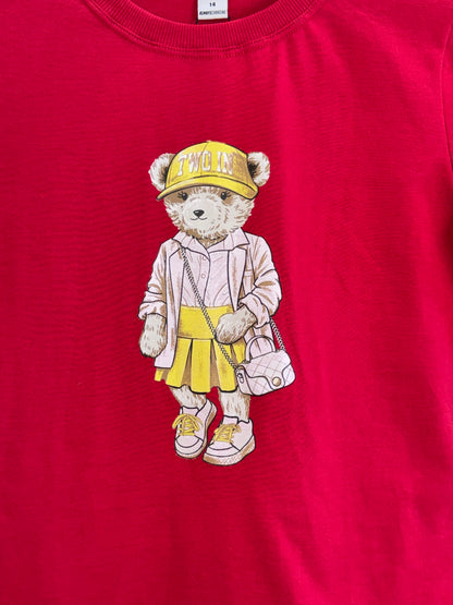 Camiseta Teen Baby Look Ursinho Amarração Mangas Vermelha - Two In