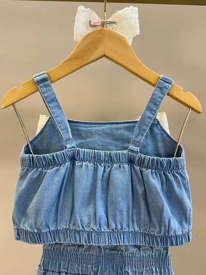 Conjunto Infantil Cropped Maxi Laço Renda e Calça Wide Jeans - Gabriela Aquarela